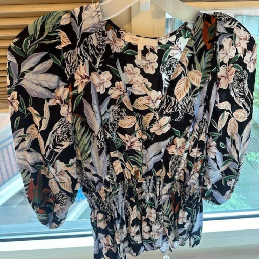 MAJE Floral Smocked Peplum Floral Blouse